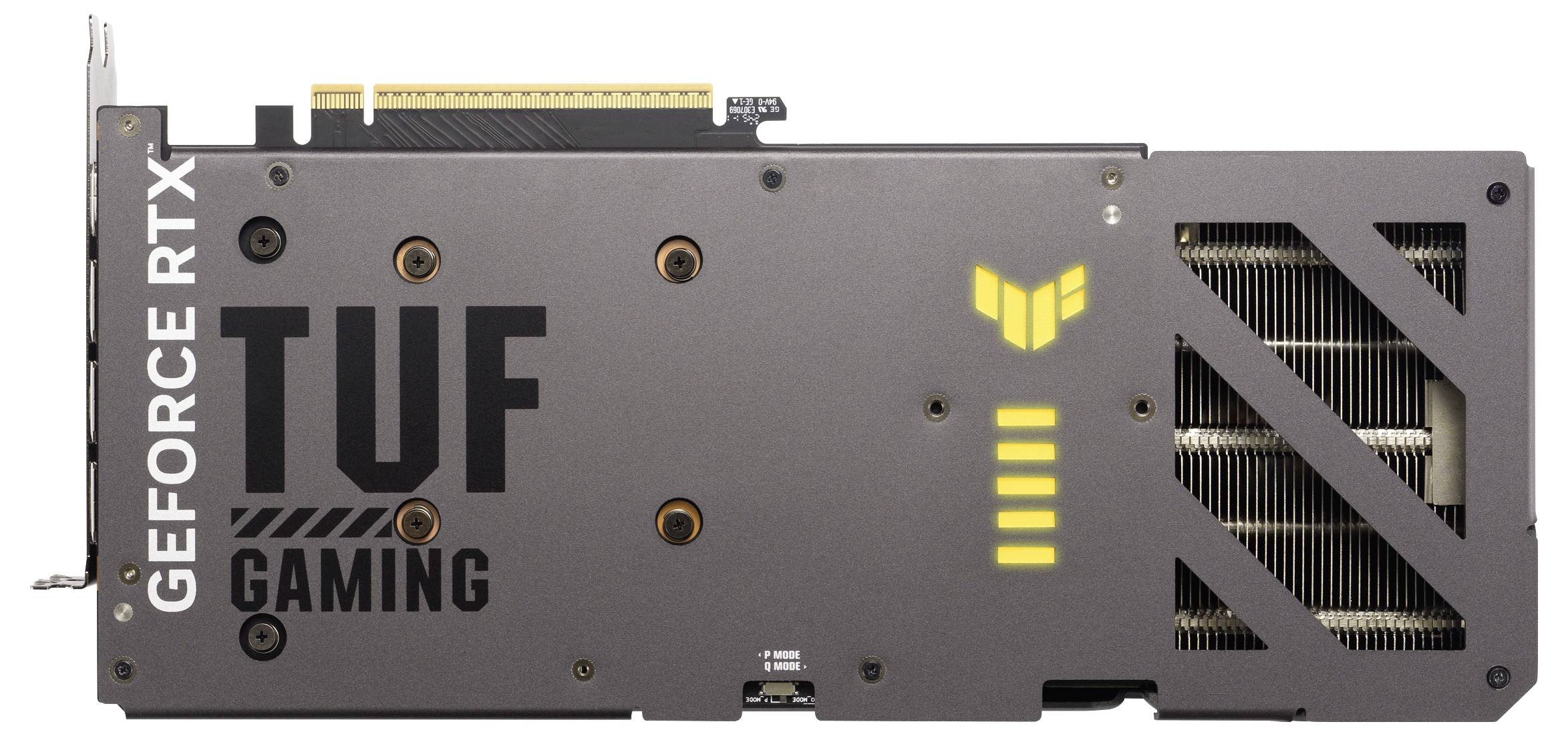 Grafikkarte in schwarzem Gehäuse mit goldenen Schriftzügen 'TUF GAMING' und Kühlrippen auf der rechten Seite; Technologieprodukt.