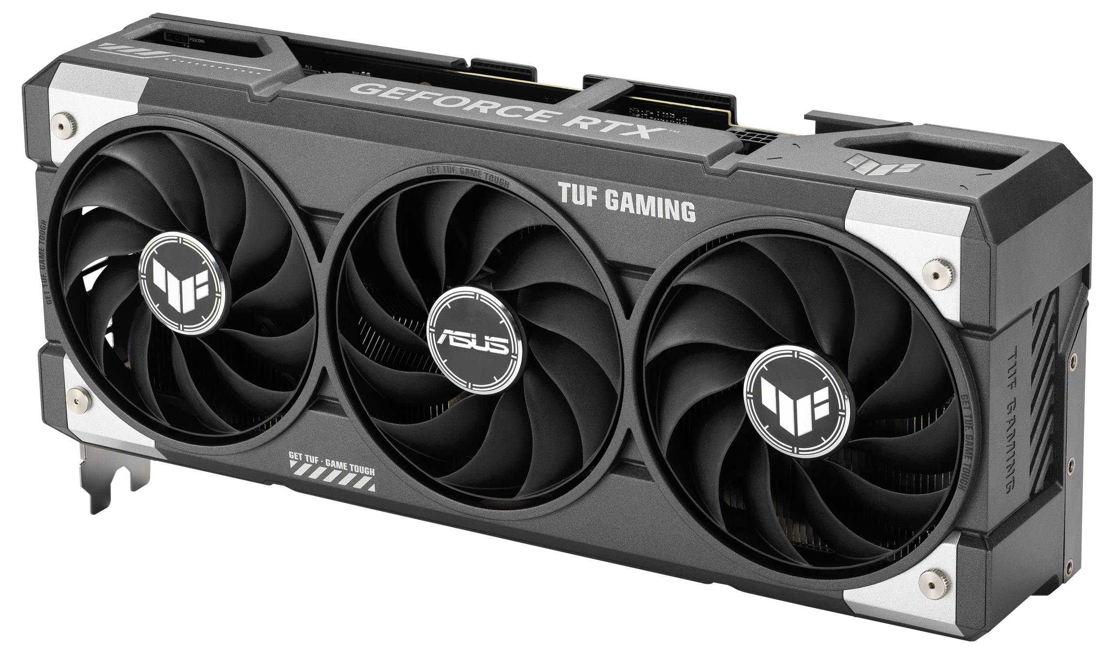 Eine ASUS TUF Gaming Grafikkarte mit drei Lüftern aus der GeForce RTX Serie. Sie hat ein robustes, schwarzes Design.