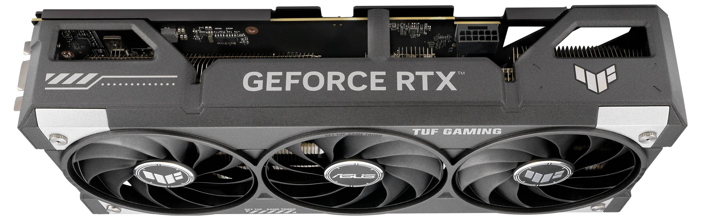 Eine schwarze Grafikkarte mit der Aufschrift 'GEFORCE RTX' und 'TUF GAMING' von ASUS. Sie hat drei Lüfter und ein robustes Design.