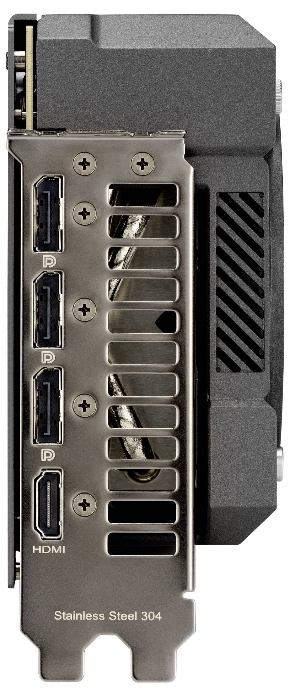 Computergrafikkarte mit fünf Anschlussports, darunter vier DisplayPorts und ein HDMI-Port. Seitenansicht zeigt Kühlrippen.