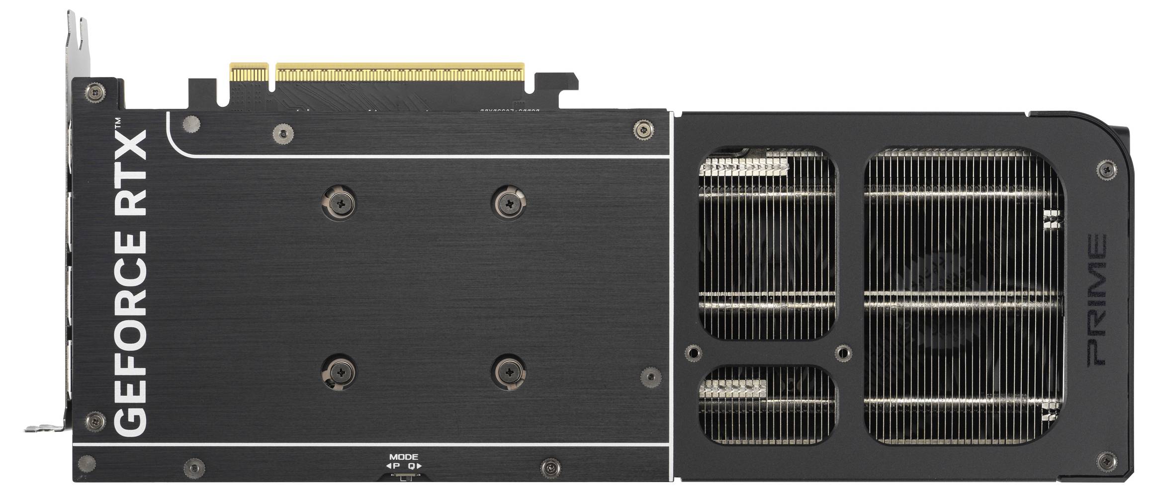 Grafikkarte mit schwarzem Gehäuse und sichtbaren Kühlrippen; Aufschrift 'GEFORCE RTX' an der Seite.