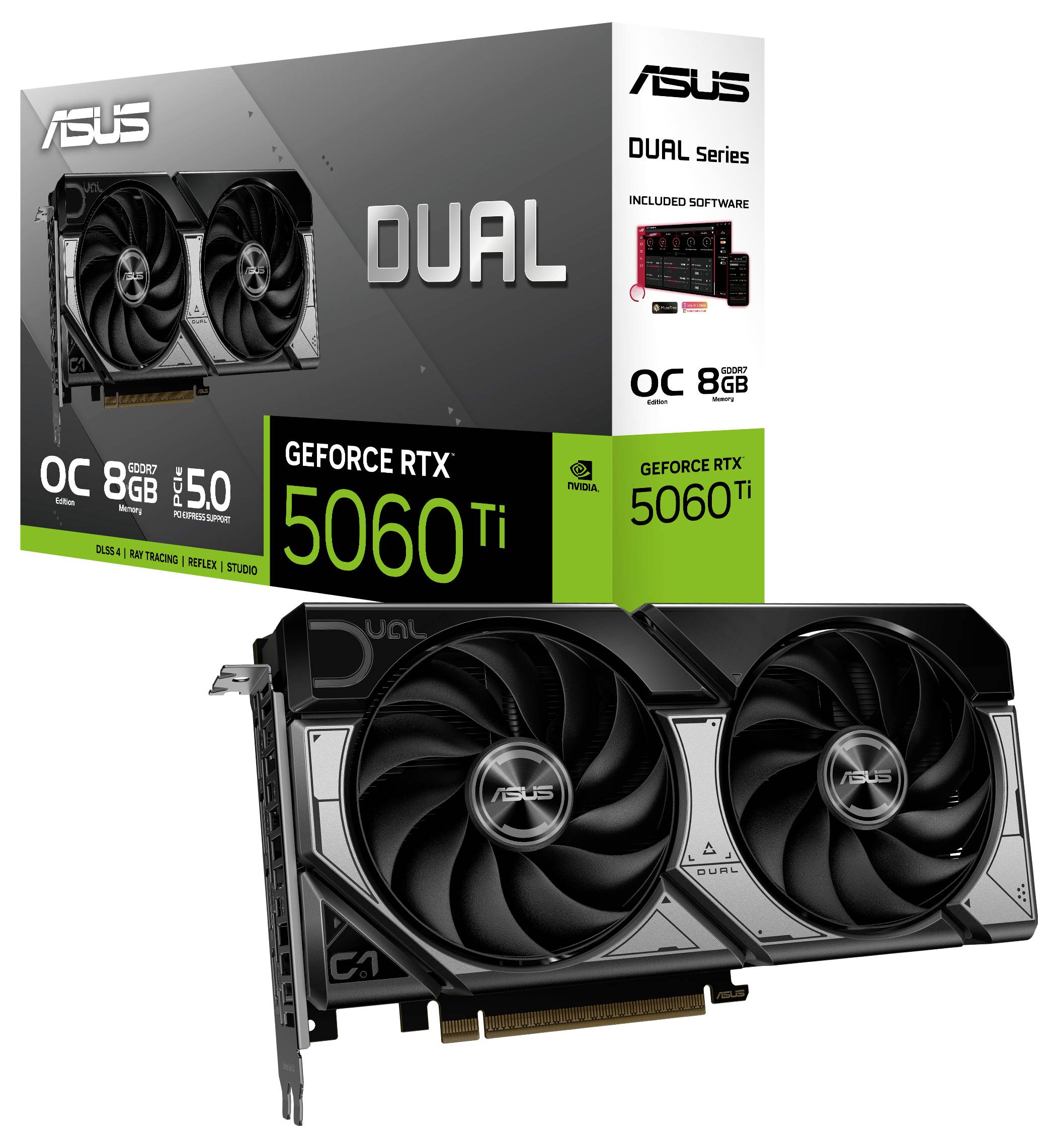 Grafikkarte ASUS GeForce RTX 5060 Ti mit zwei Lüftern, abgebildet vor der Verpackung. Enthält 8 GB GDDR6 und Overclocking-Optionen.