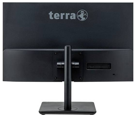 Rückansicht eines schwarzen Computermonitors mit der Aufschrift 'terra'. Der Monitor hat einen stabilen Standfuß und Anschlussmöglichkeiten.
