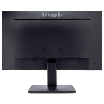 Ein schwarzer Computerbildschirm von hinten, Marke 'terra', auf einem rechteckigen Standfuß.