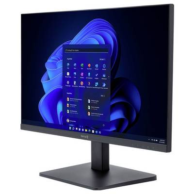 Ein schwarzer Monitor zeigt einen Desktop mit geöffneter Startmenüleiste und blauer abstrakter Hintergrundgrafik.