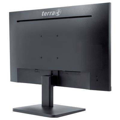 Rückseite eines schwarzen Computermonitors mit der Aufschrift 'terra' oben in der Mitte, auf einem rechteckigen Standfuß.