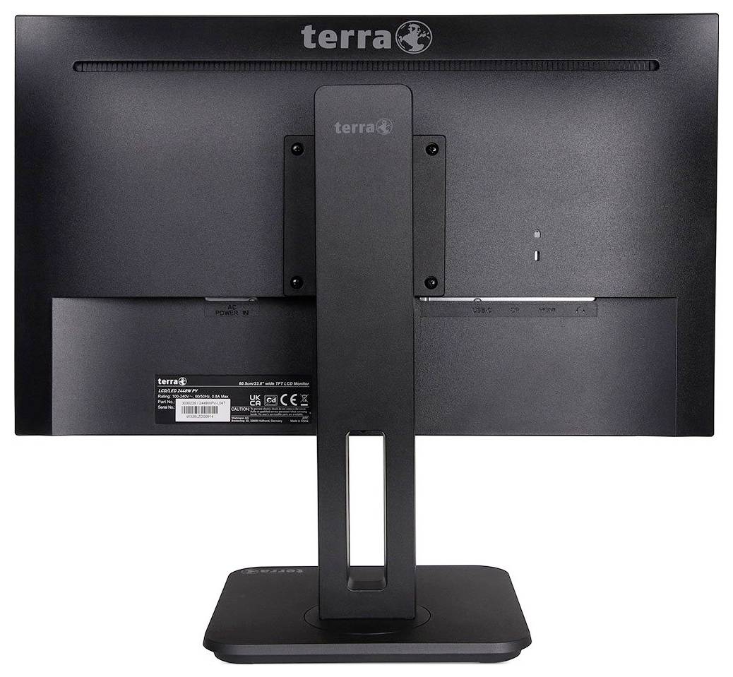 Ein schwarzer Computermonitor von hinten, mit dem Markenlogo "terra", auf einem eleganten, verstellbaren Standfuß.