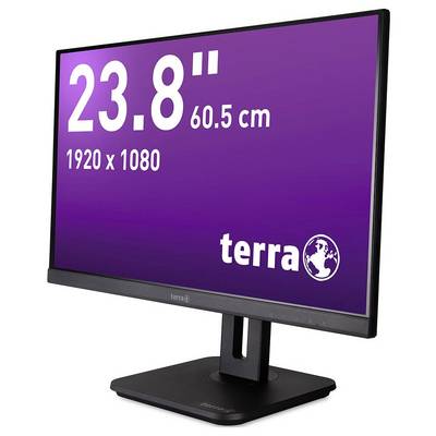 Ein schwarzer Monitor von der Seite mit 23,8 Zoll Bildschirmdiagonale, Auflösung 1920x1080, violetter Hintergrund mit 'terra'-Logo.