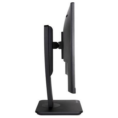 Ein schwarzer Computerbildschirm von der Seite, zeigt schlankes Design und verstellbaren Standfuß.