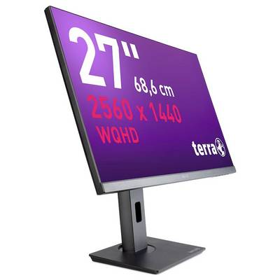 27 Zoll Monitor mit einer Auflösung von 2560 x 1440, WQHD-Qualität. Der Bildschirm zeigt einen lilafarbenen Hintergrund.