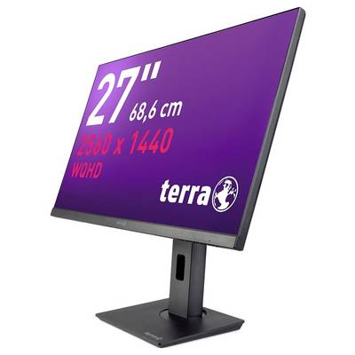 Ein 27-Zoll-Monitor mit einer Auflösung von 2560 x 1440 Pixeln, dargestellt im Hochformat mit einem lila Bildschirm und Firmenlogo.