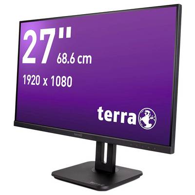 Ein schwarzer Computermonitor von terra mit einem 27 Zoll Bildschirm, 68,6 cm Diagonale und einer Auflösung von 1920 x 1080.