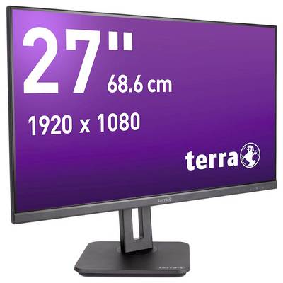 27 Zoll Monitor mit Auflösung 1920 x 1080, Marke Terra. Entspiegeltes Display auf schwarzem Standfuß, lila Hintergrund.