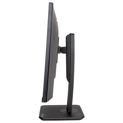 Ein schmaler, schwarzer Computermonitor von der Seite gesehen, auf einem rechteckigen Standfuß montiert.