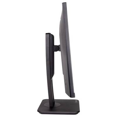 Seitenansicht eines Flachbildmonitors auf einem rechteckigen Standfuß. Der Monitor ist in eine aufrechte Position eingestellt.