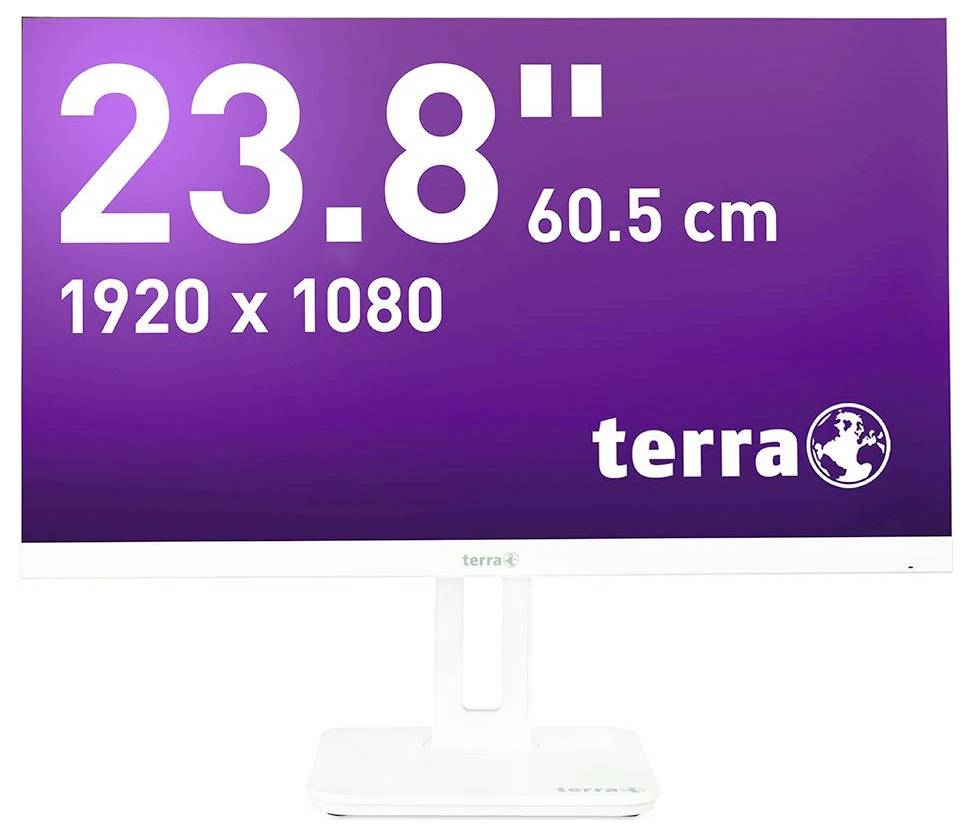 „Terra“-Monitor, Bildschirmgröße 23,8 Zoll (60,5 cm), Auflösung 1920 x 1080, auf weißem Standfuß, Hintergrund in lila.