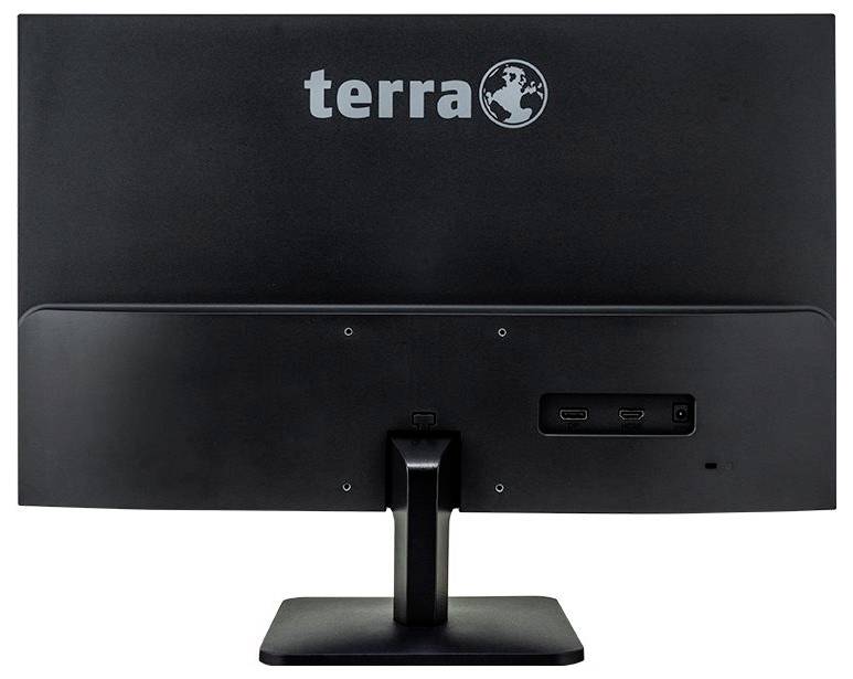 Schwarzer Computermonitor der Marke Terra, Rückansicht, zeigt Markenlogo oben und Anschlüsse unten rechts an der Rückseite.