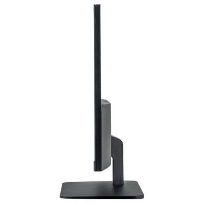 Seitenansicht eines flachen Computermonitors auf einem schmalen schwarzen Standfuß.