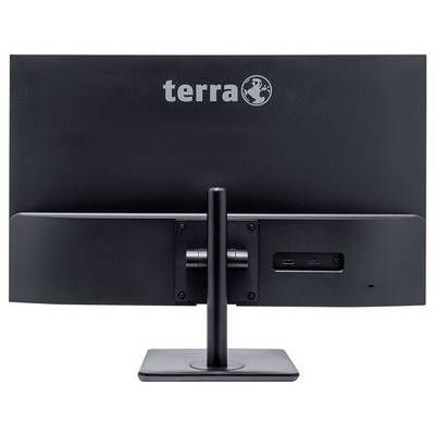 Rückansicht eines schwarzen Computermonitors mit der Aufschrift 'terra' oben. Der Monitor steht auf einem rechteckigen Standfuß.