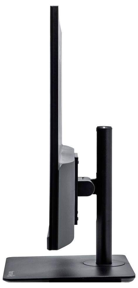 Seitliche Ansicht eines flachen, schwarzen Computermonitors auf einem höhenverstellbaren, stabilen Ständer.