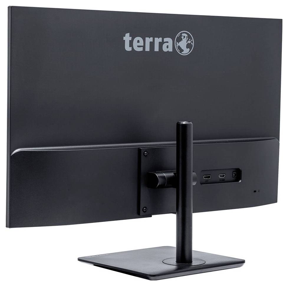 Ein Computer-Monitor der Marke Terra, Rückansicht, mit Standfuß und sichtbaren Anschlüssen auf der Hinternseite.