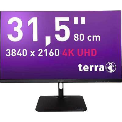 Ein Monitor zeigt auf dem Bildschirm: '31,5" 80 cm, 3840 x 2160 4K UHD' und das Logo der Marke 'Terra'.