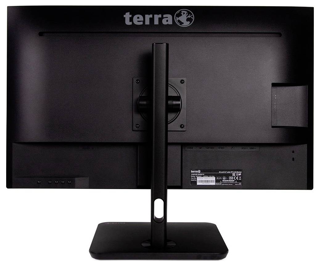 Ein schwarzer Computerbildschirm der Marke Terra, Rückansicht. Das Gerät steht auf einem rechteckigen Standfuß mit einer vertikalen Halterung.