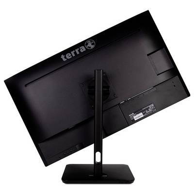 Ein schräg gestellter schwarzer Computermonitor mit der Aufschrift 'terra' auf der Rückseite. Der Monitor steht auf einem schwarzen Standfuß.