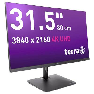 Monitor mit 31,5 Zoll Bildschirm, Auflösung 3840 x 2160, 4K UHD, lila Hintergrund, Marke 'terra'.