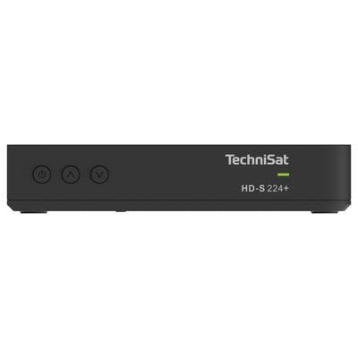 Schwarzer TechniSat HD-S 224+ Receiver mit Power-, Aufwärts- und Abwärtsknopf auf der linken Seite und LED-Anzeige rechts.