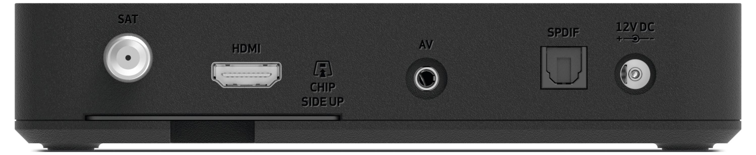 'Rückseite einer Set-Top-Box mit SAT-, HDMI-, AV-, SPDIF- und Stromanschluss. HDMI ist mit 'CHIP SIDE UP' gekennzeichnet.'