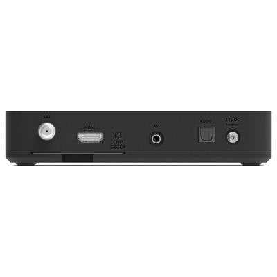 'Rückseite einer Set-Top-Box mit SAT-, HDMI-, AV-, SPDIF- und Stromanschluss. HDMI ist mit 'CHIP SIDE UP' gekennzeichnet.'