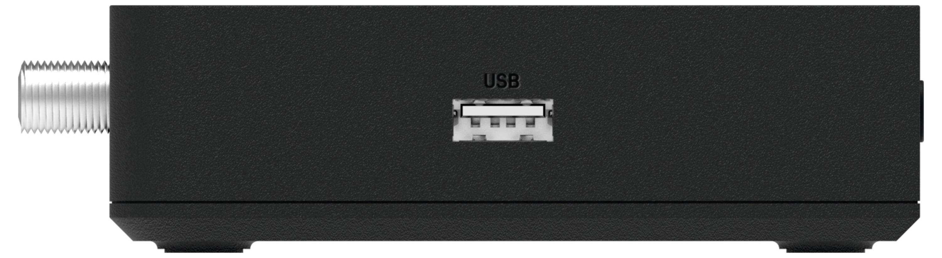 Ein schwarzes rechteckiges Gerät mit einem USB-Anschluss in der Mitte und einem koaxialen Anschluss auf der linken Seite.