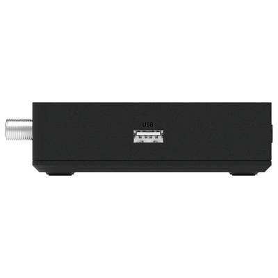 Ein schwarzes rechteckiges Gerät mit einem USB-Anschluss in der Mitte und einem koaxialen Anschluss auf der linken Seite.
