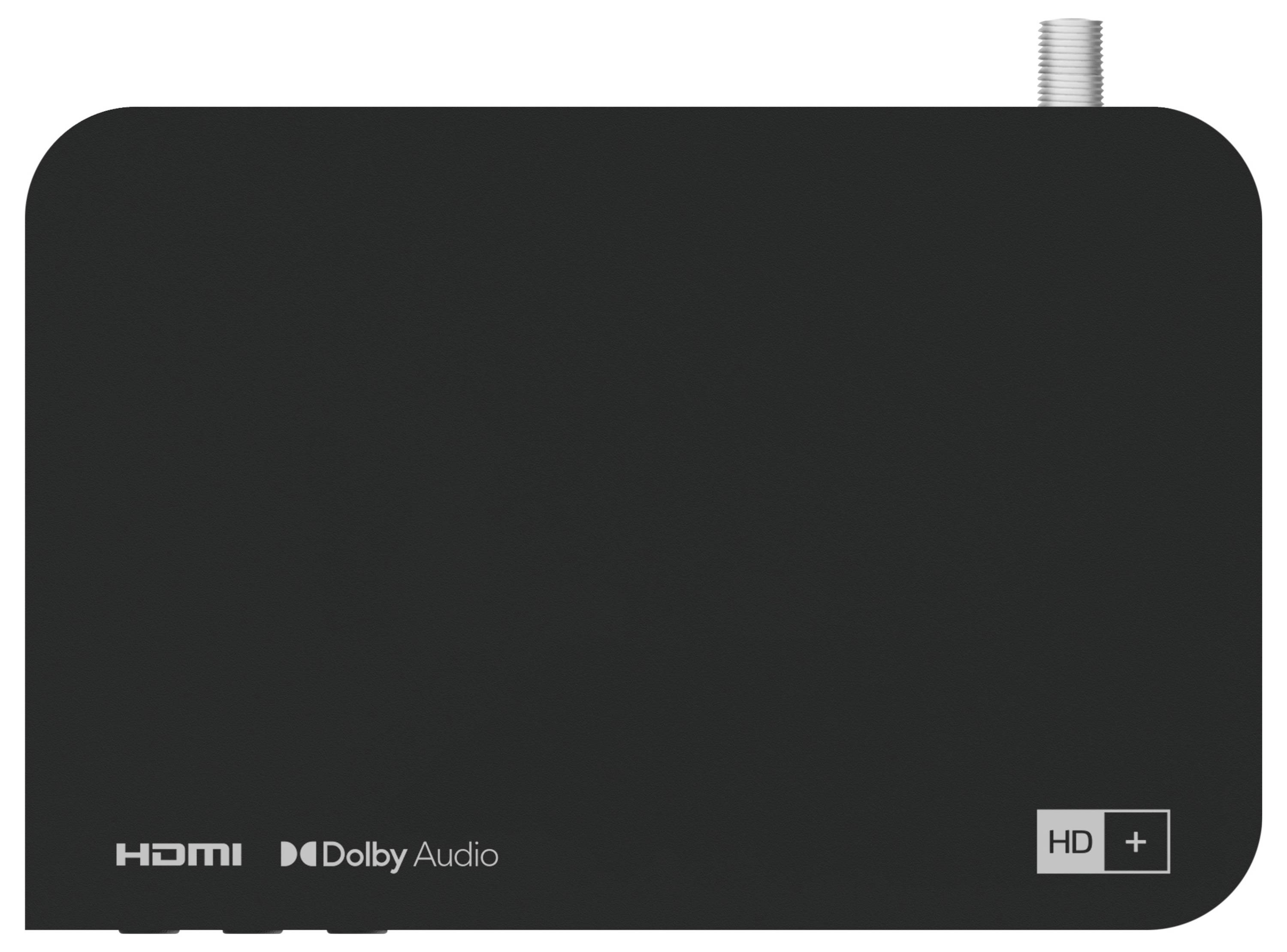 Schwarze Set-Top-Box mit HDMI und Dolby Audio Logos. Rechts oben ein Koaxialanschluss. Markiert mit 'HD' und einem Pluszeichen.