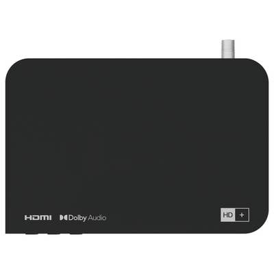 Schwarze Set-Top-Box mit HDMI und Dolby Audio Logos. Rechts oben ein Koaxialanschluss. Markiert mit 'HD' und einem Pluszeichen.