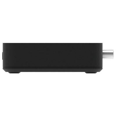 Ein schwarzes, rechteckiges Gerät mit einem Anschluss auf der rechten Seite, möglicherweise für elektronische Verbindungen oder Antennen.