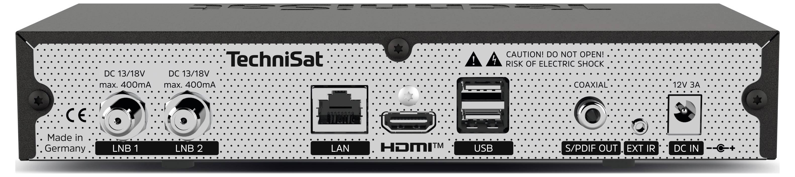 'Technisat-Empfänger Rückseite mit Anschlüssen: zwei Sat-Eingänge, LAN, HDMI, USB, Coaxial, Audioausgang, Netzanschluss.'