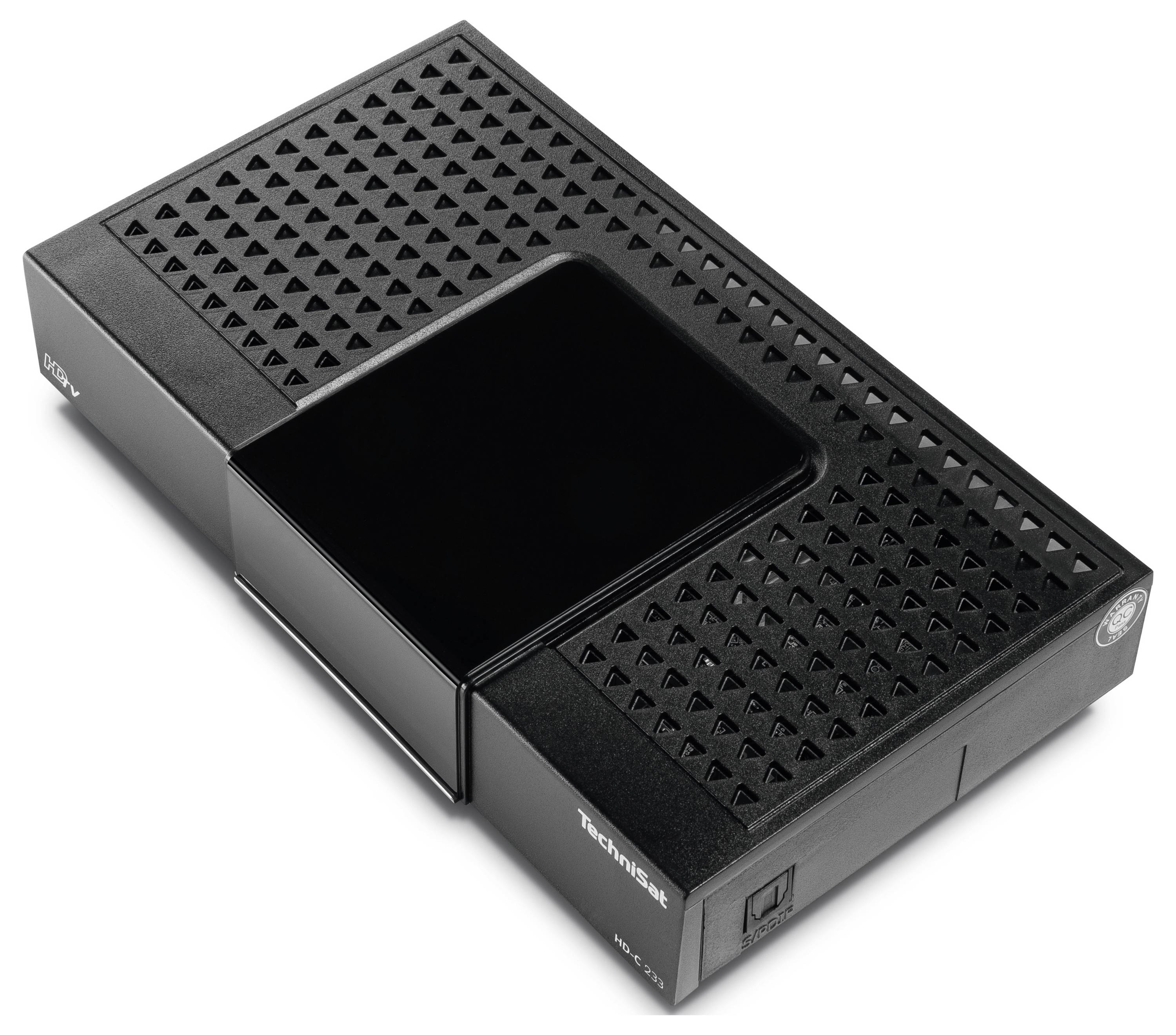 Schwarzer Digitalrecorder mit geriffelter Oberfläche und schwarz glänzendem zentralem Displaybereich.