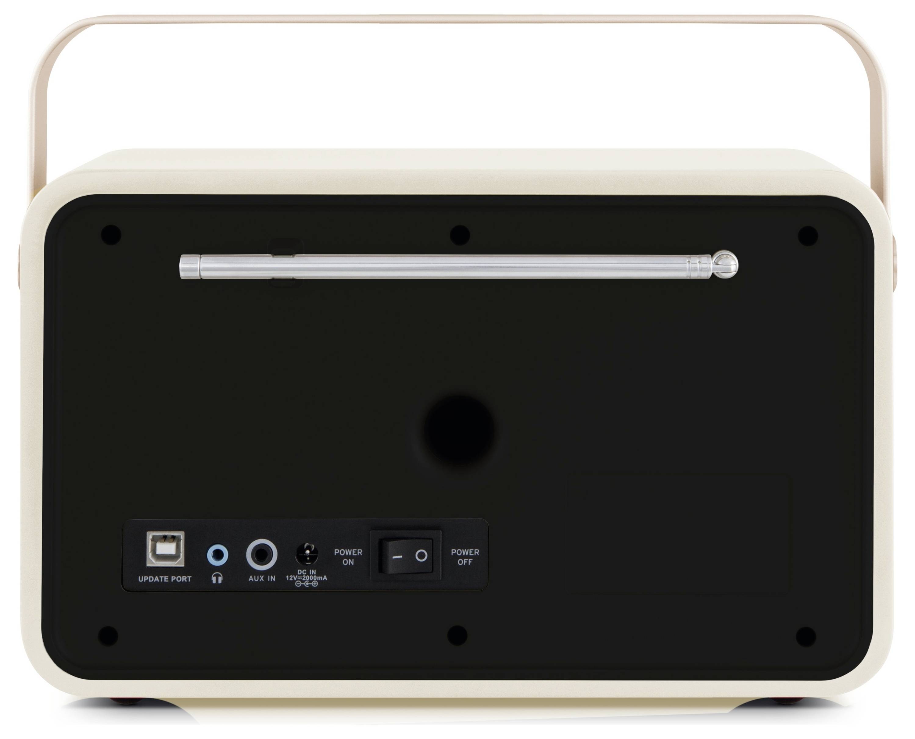 Rückansicht eines tragbaren Lautsprechers mit Anschlüssen für USB und AUX sowie einem Power-Schalter. Eine Teleskopantenne ist ausgefahren.