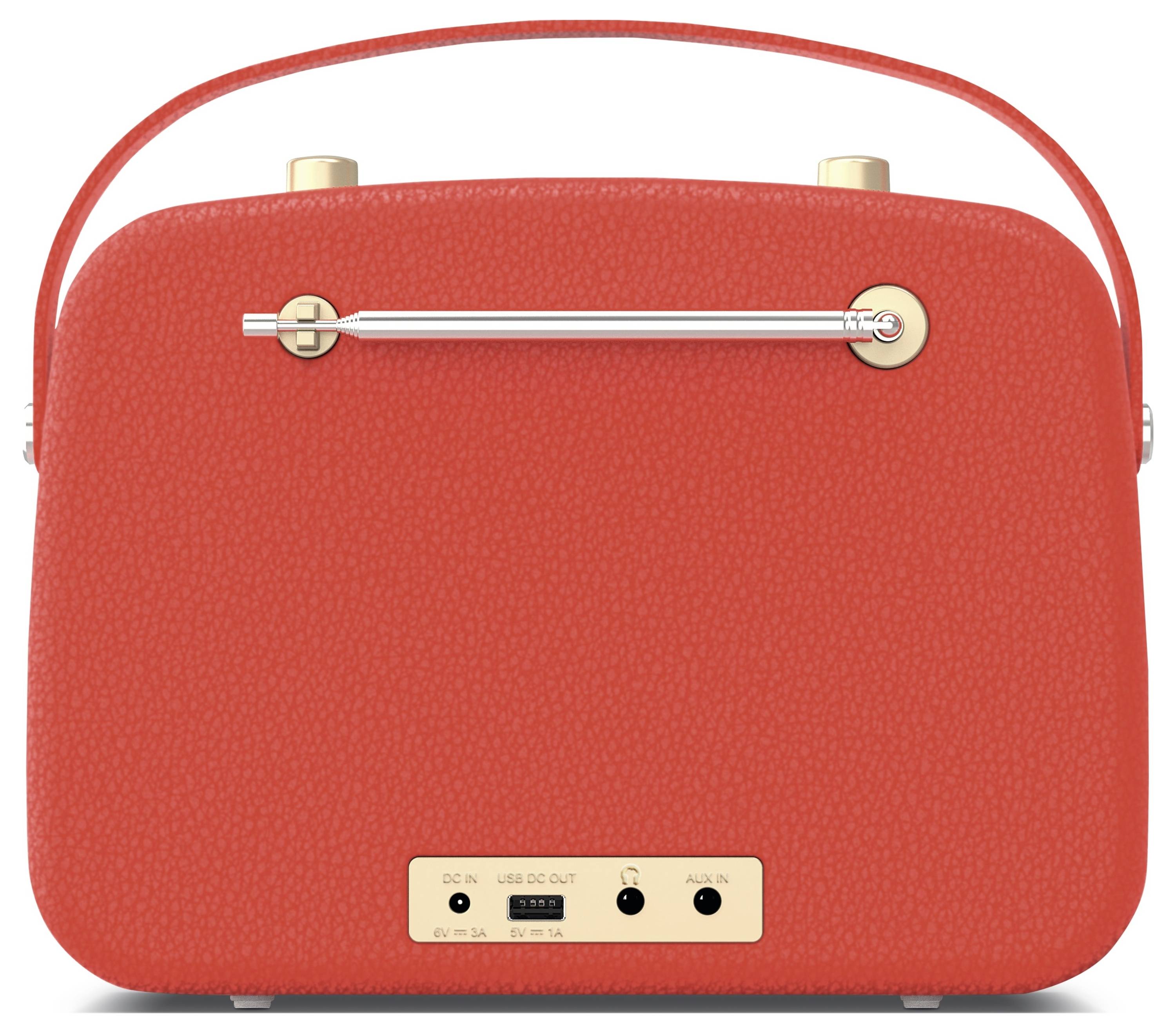Rückansicht eines roten, tragbaren Lautsprechers mit Griff, goldenen Bedienelementen und Anschlussbuchsen für Strom, USB und AUX.
