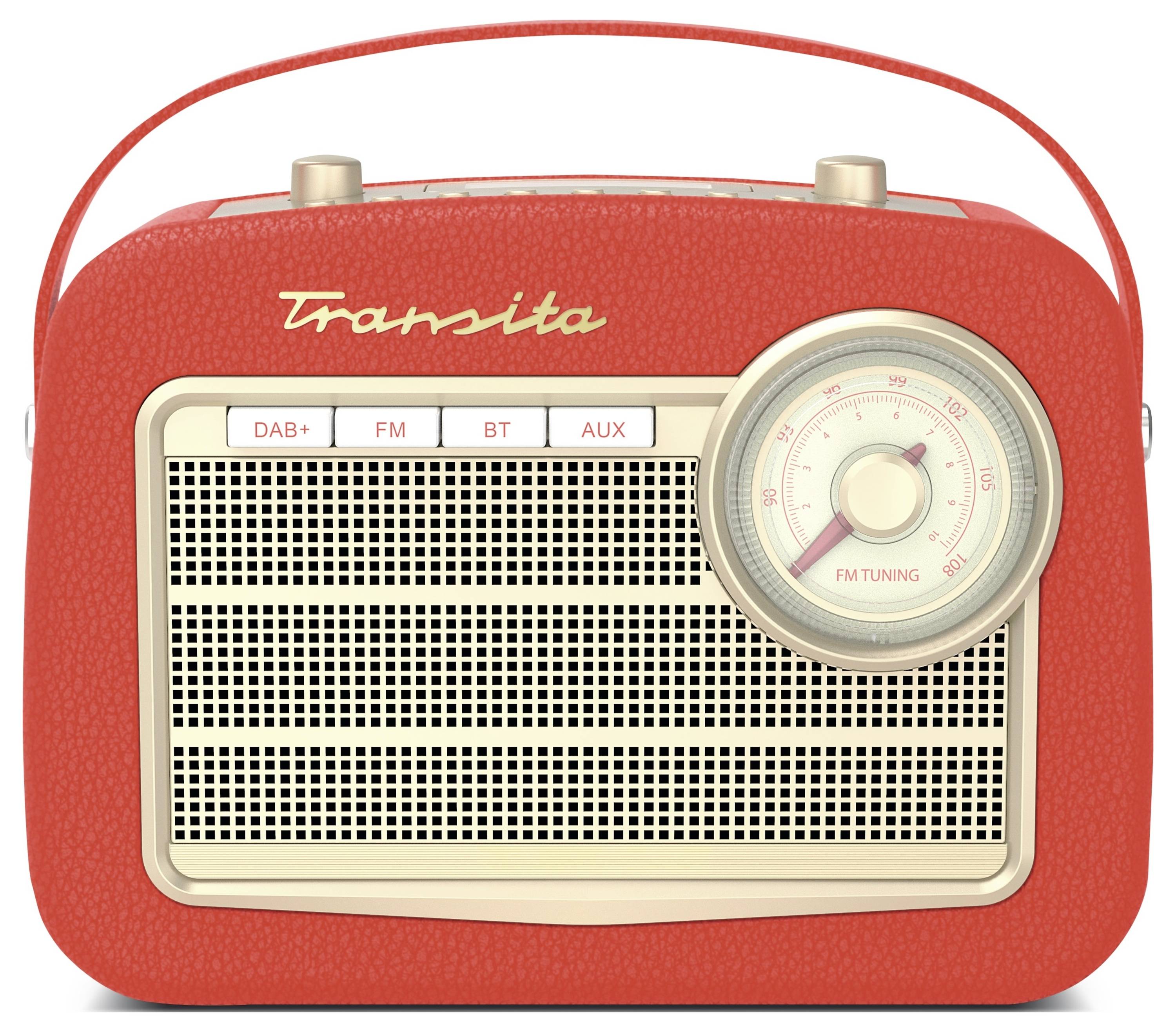 Ein rotes Retro-Radio mit den Funktionen 'DAB+', 'FM', 'BT', 'AUX'. Große Frequenzanzeige rechts. Markenname 'Transita' darüber.
