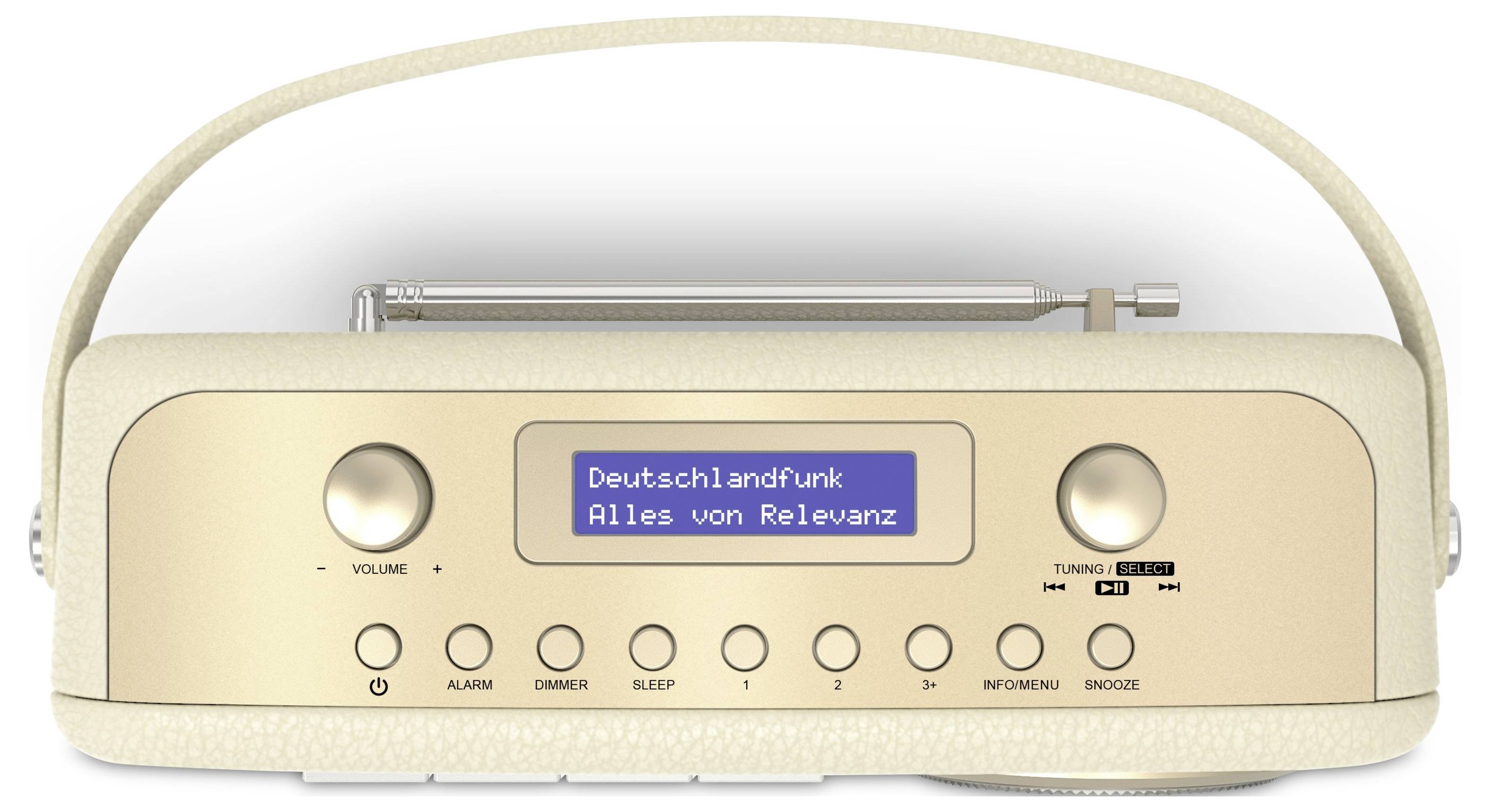 Ein tragbares Retro-Radio mit Display zeigt 'Deutschlandfunk - Alles von Relevanz'. Enthält Lautstärkeregler, Tasten für Alarm und Senderwahl.