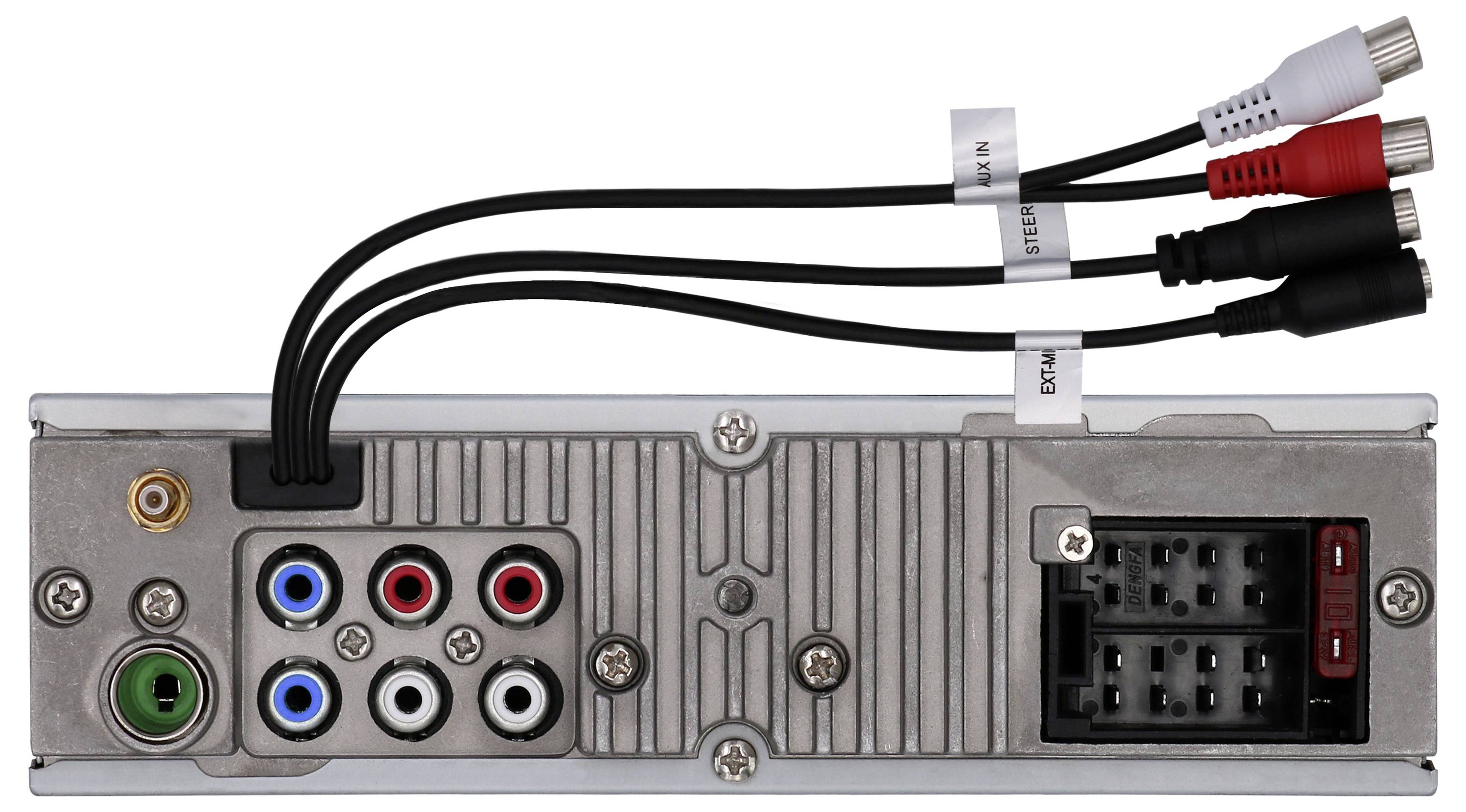 Rückseite eines Autoradios mit mehreren Anschlussmöglichkeiten: Kabel für Audioeingang, Stromanschluss und verschiedene Audioausgänge.
