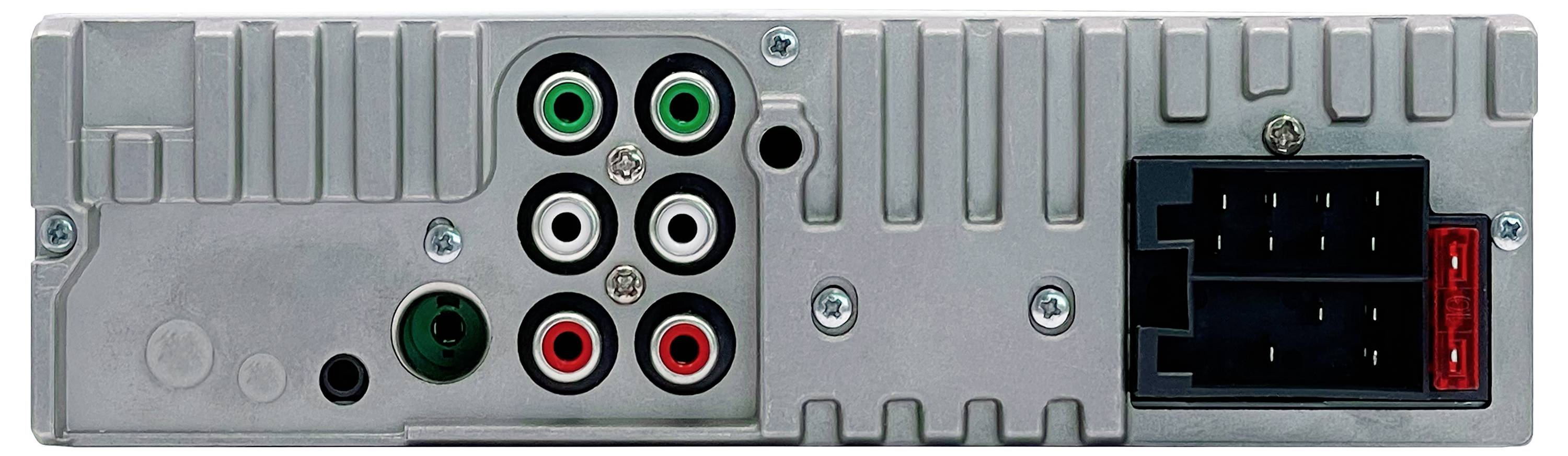 Rückseite eines Autoradios mit verschiedenen Anschlussbuchsen, darunter farblich gekennzeichnete Audio- und Videoeingänge sowie ein Stromanschluss.