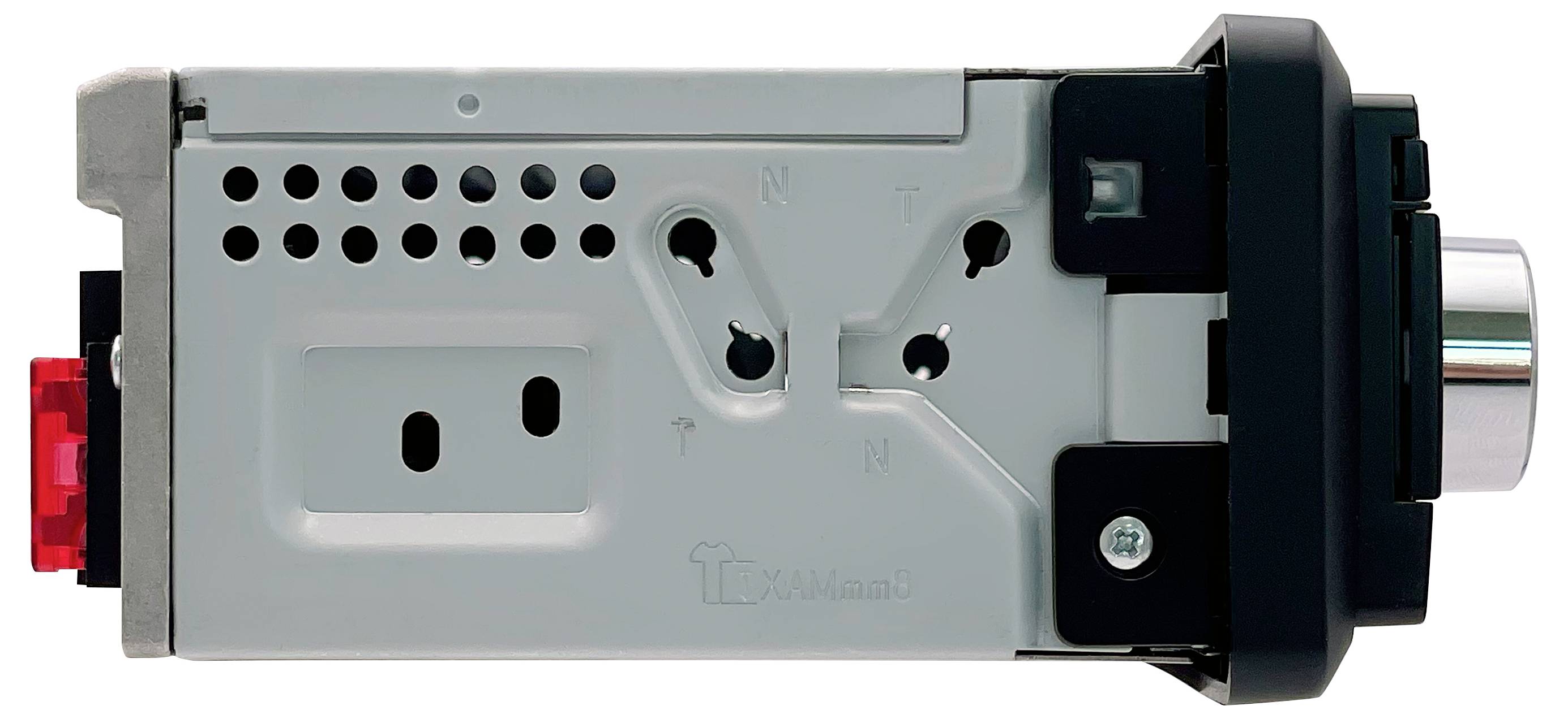Ein elektrisches Türschloss mit rotem Sicherheitsschalter, strukturiertem silbernem Gehäuse und schwarzem Befestigungsteil.