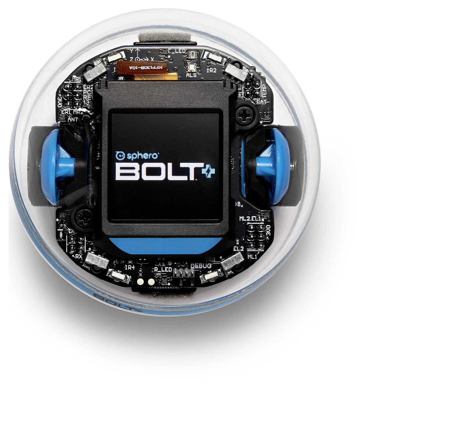 Transparente Kugel zeigt elektronische Komponenten eines 'Sphero BOLT'-Roboters mit blauem Akzent.