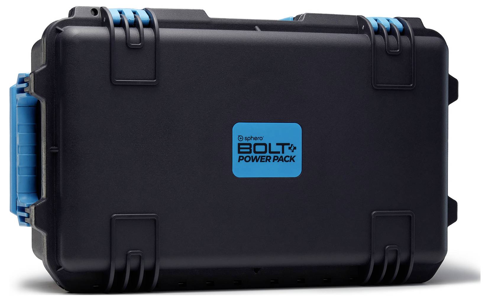 Schwarzer, robuster Koffer mit blauen Griffen, beschriftet mit 'Bolt Power Pack'.