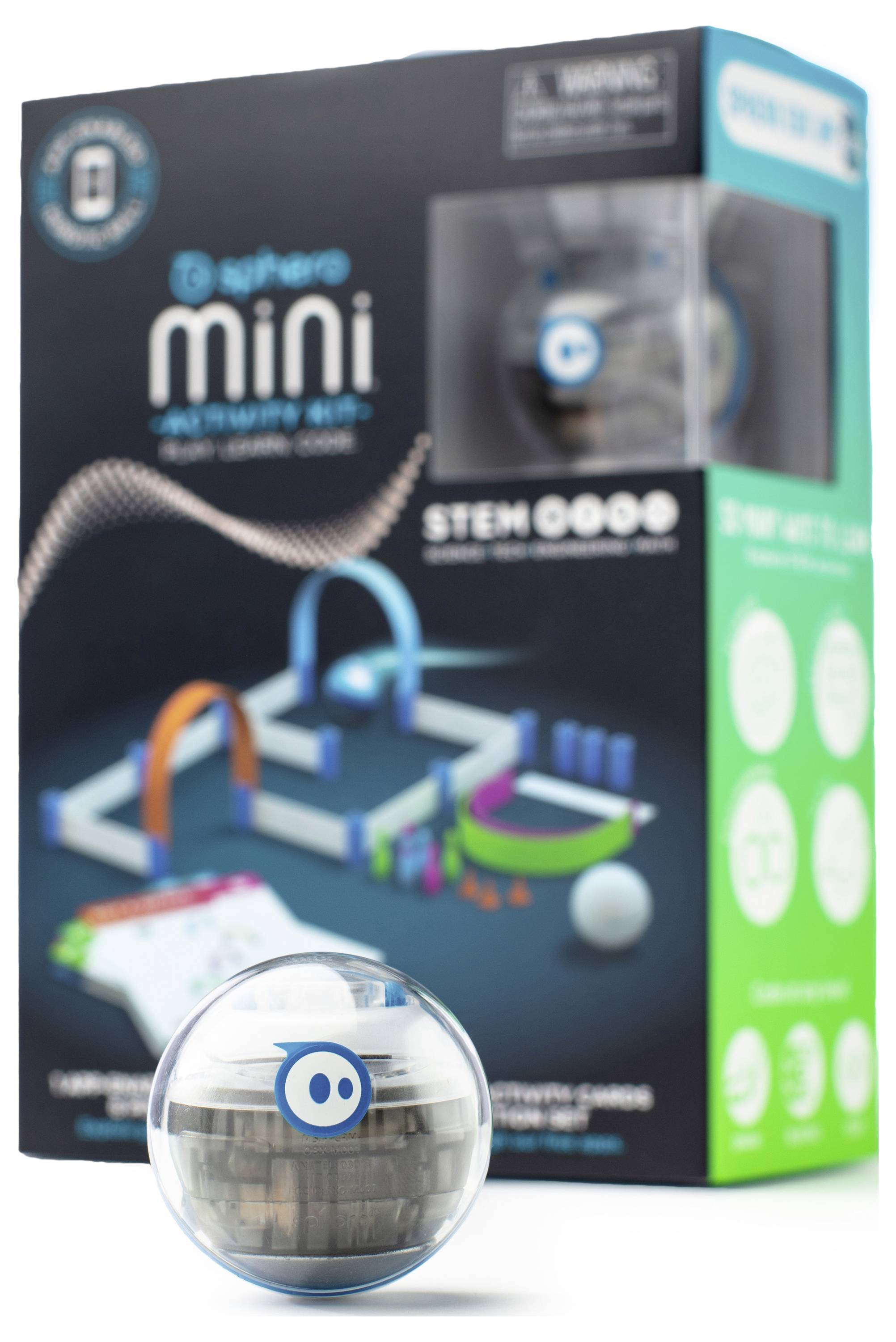 Sphero Mini Roboterball vor Verpackung, geeignet für Programmier- und Lernzwecke. Packung zeigt Kurs- und Aktivitätsbilder.