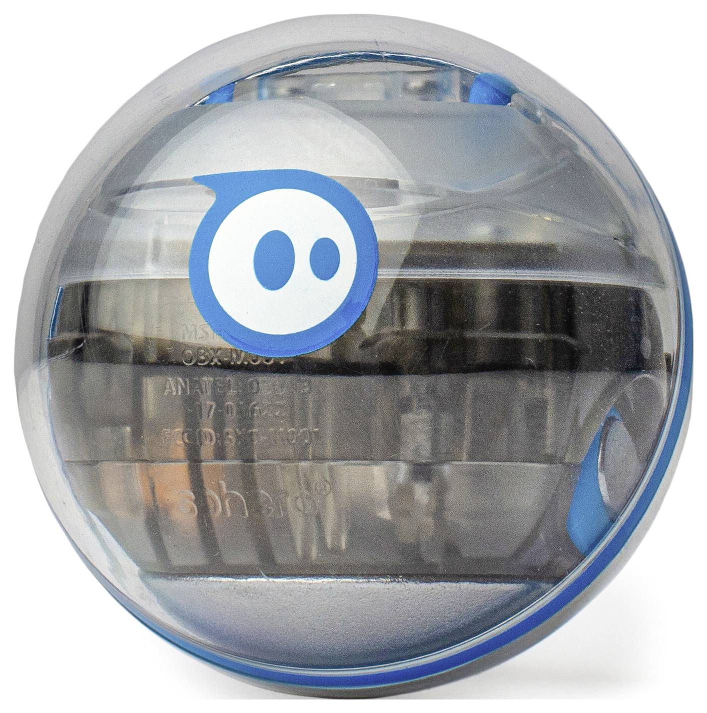 Ein kugelförmiger, durchsichtiger Roboter mit blauem Logo und sichtbarer Mechanik.